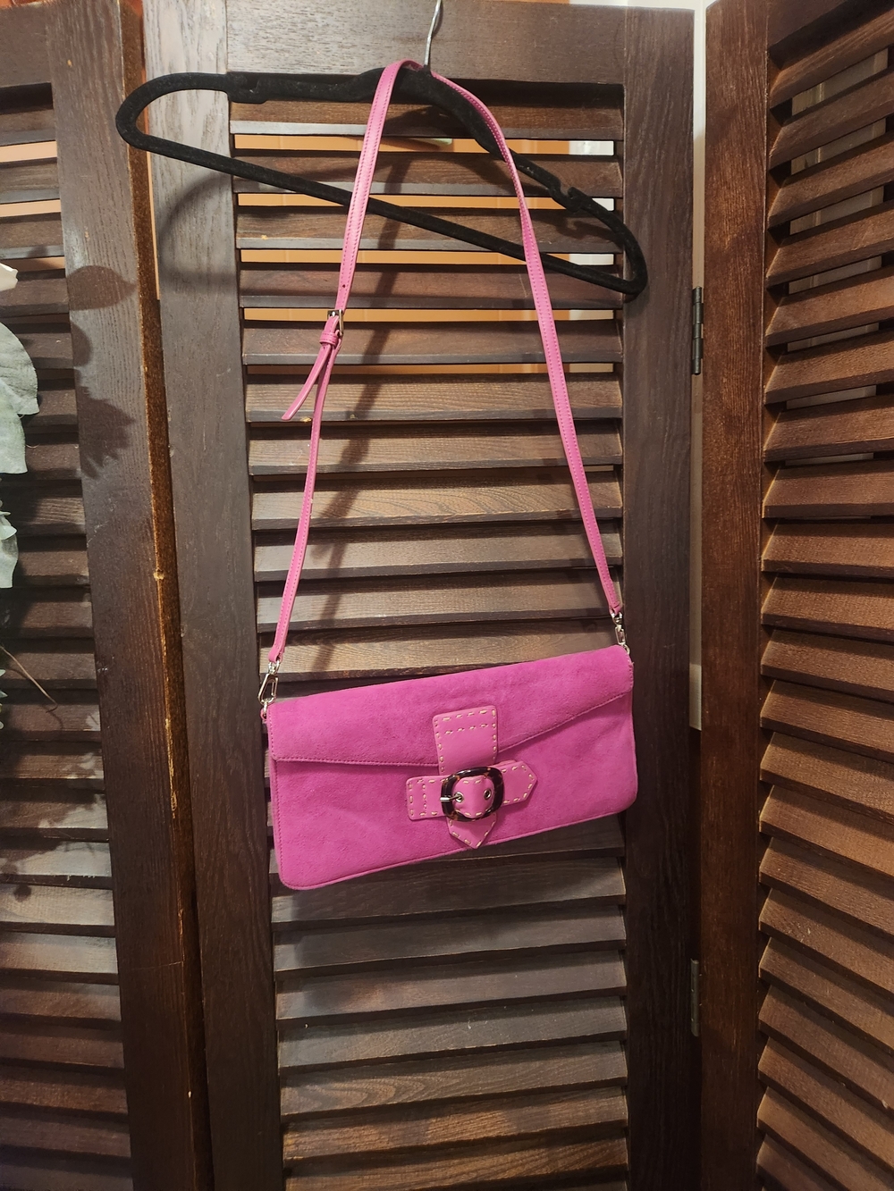 Via Spiga Fuchsia Suede Buckle Crossbody Clutch